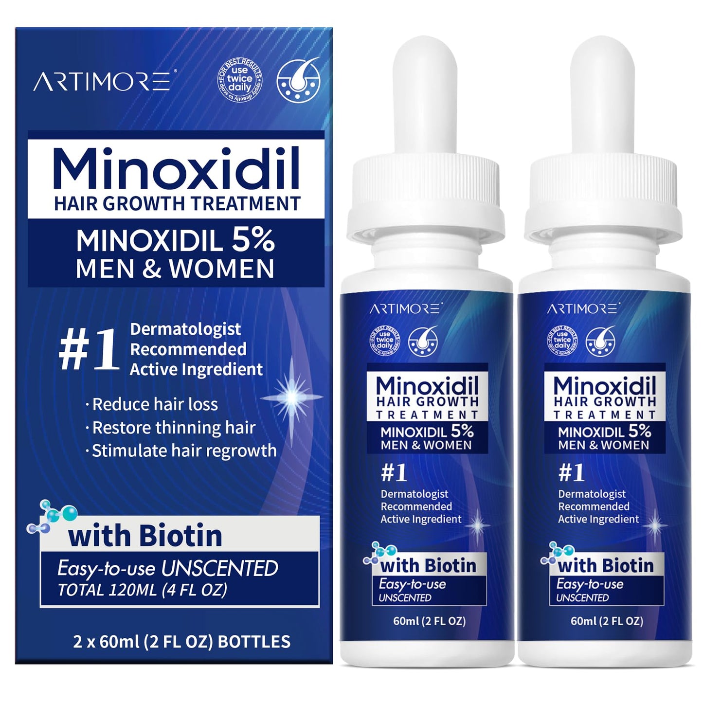Minoxidil for Men Liquid Solution, Minoxidil for Women Hair Growth Serum, 5% Minoxidil Serum for Stronger Roots & Thicker, Fuller Hair (4 FL OZ, 2PCS-Dropper)