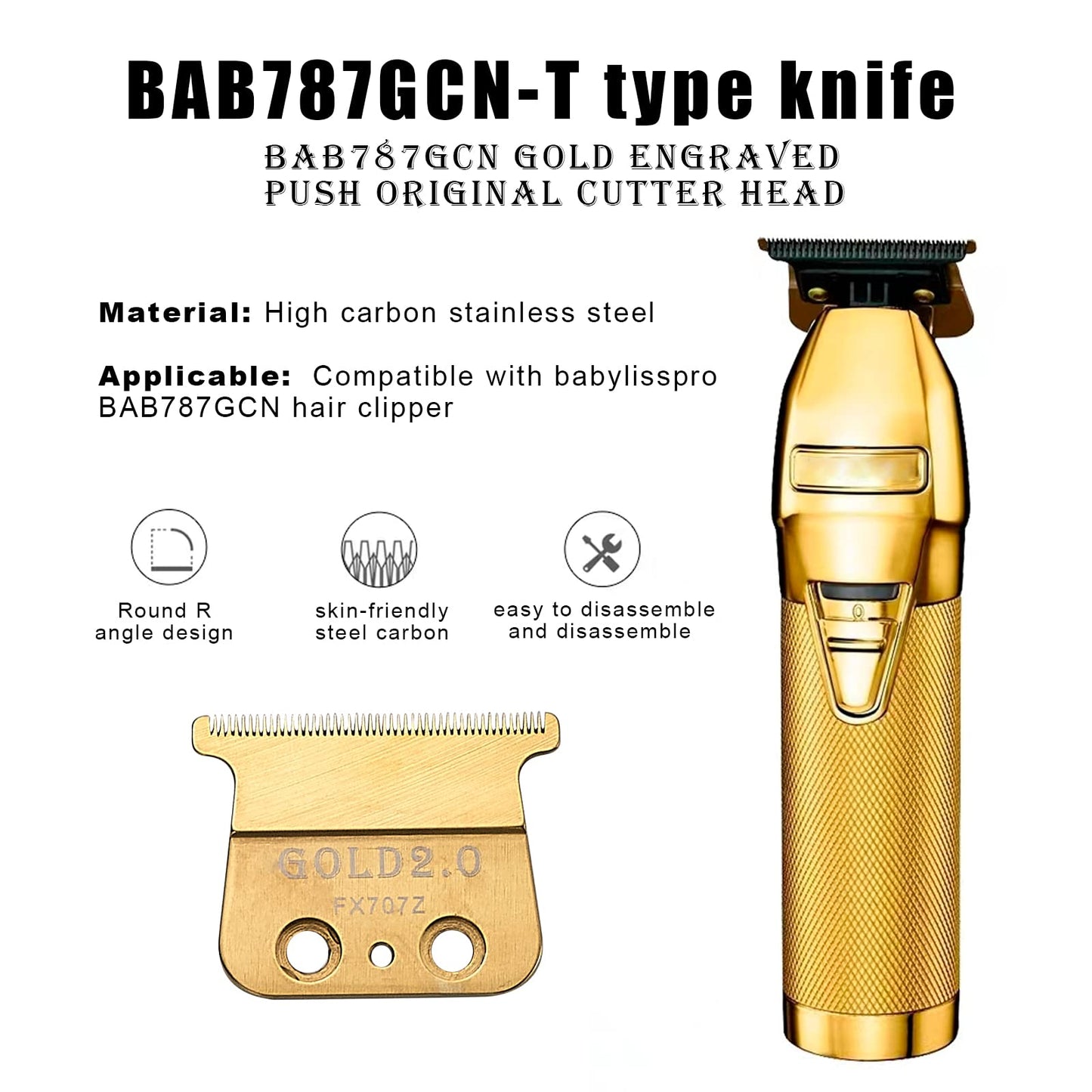 Replacement DOLD 2.0 Blades compatible with BaBylissPRO FX787 / FX726/FX787G/FX787B2, for Outlining Hair Trimmers (FX787) and Trimmers (FX726) -golden steel knife