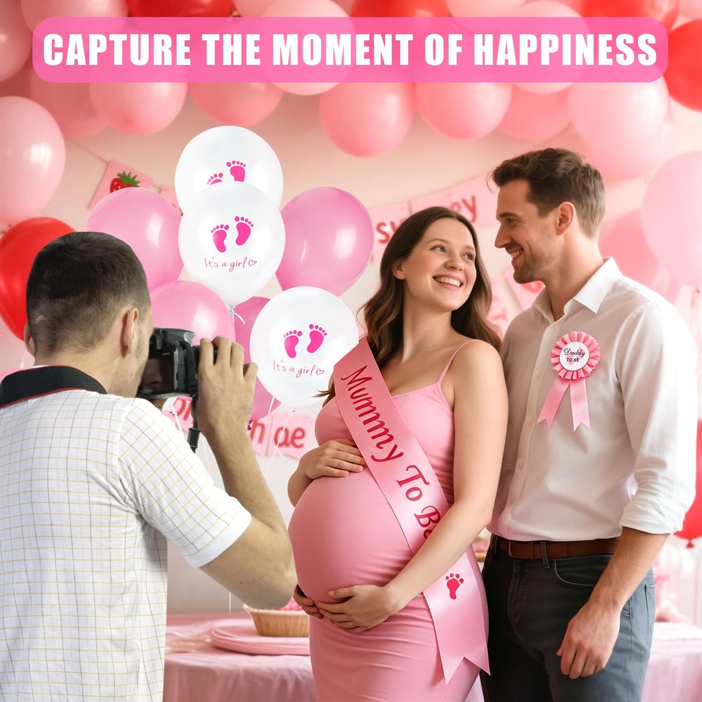 BRIOYHA Mommy to Be Sash and Daddy to Be Badge Set, Pink Baby Shower Decorations with Latex Balloons, Gender Reveal Party Favors Accessories