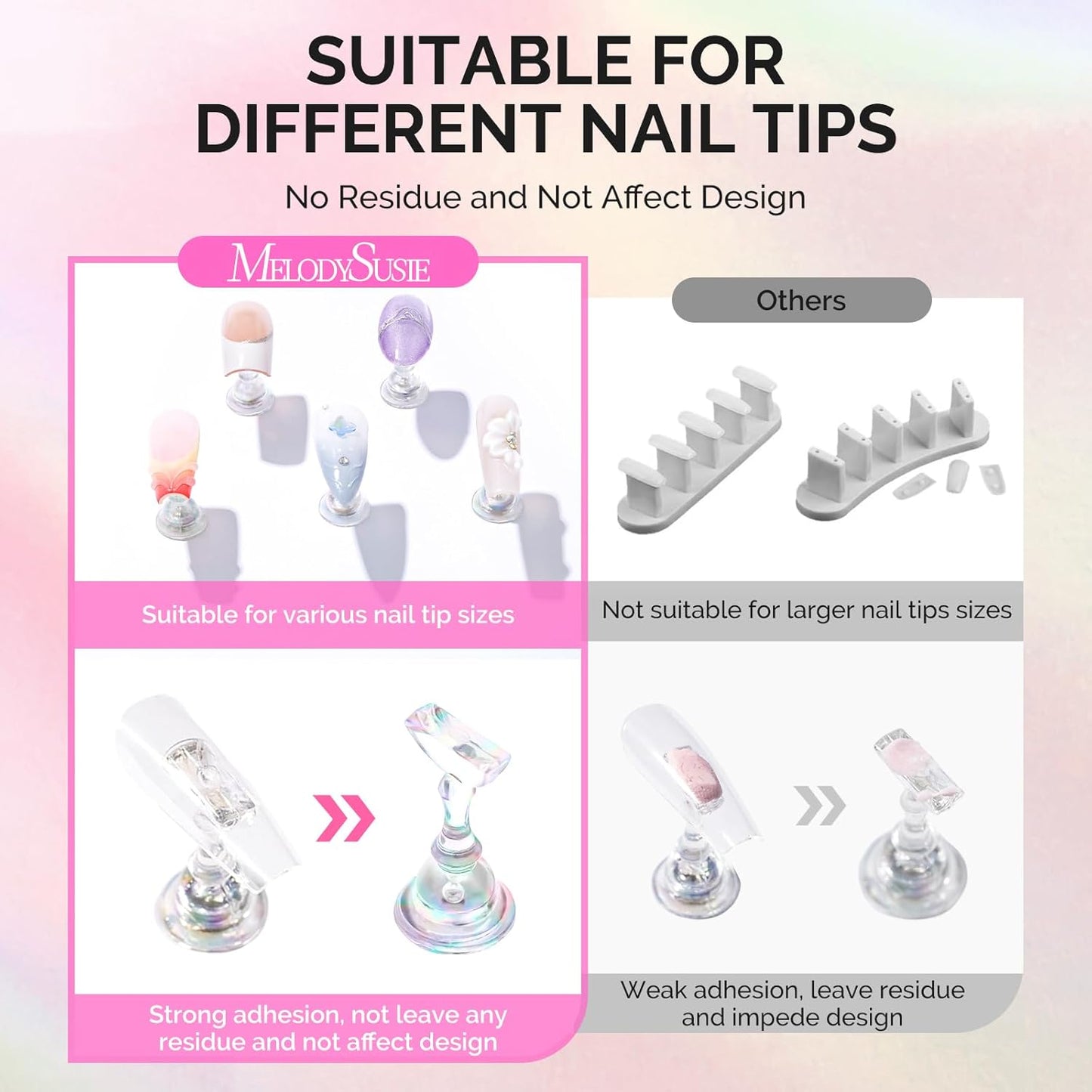 MelodySusie Nail Stand - White Shiny Acrylic Display with Brush Holder & 100 Reusable Double-Sided Tapes | Perfect for DIY Nail Art