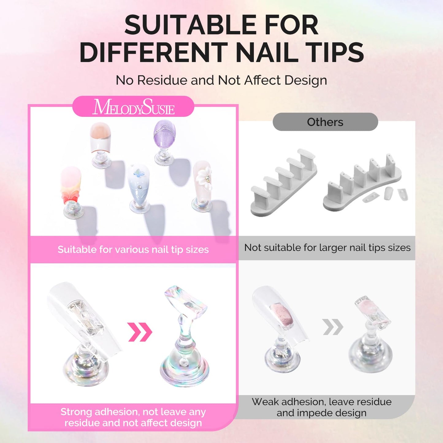 MelodySusie Nail Stand for Press Ons, White Shiny Acrylic Magnetic Base for Painting Display with Brush Holder and 100 Pcs Reusable Double-Sided Tape for Home DIY Salon Supplies