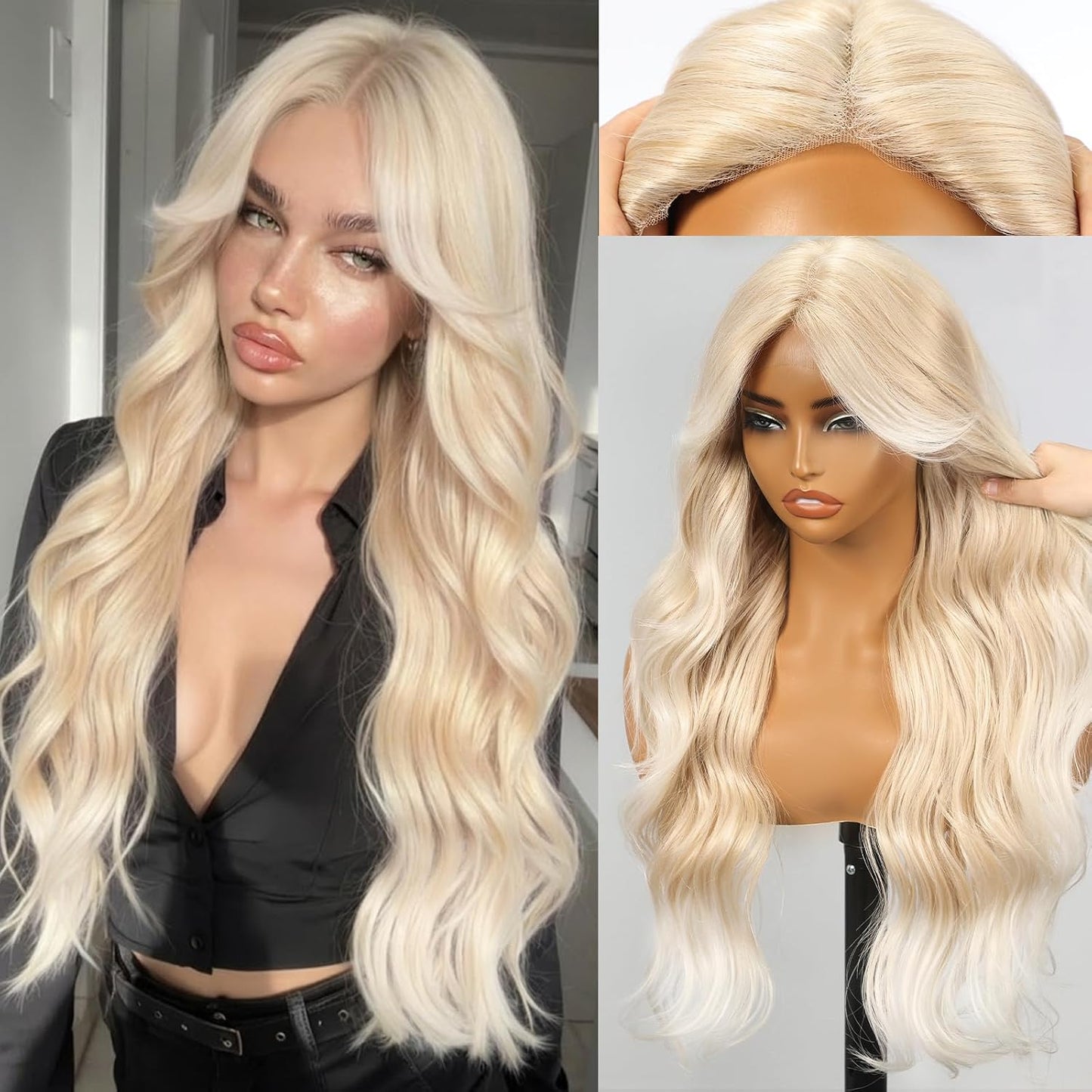 KOME Ash Brown Synthetic Lace Front Wig - T Part Glueless Long Body Wavy Style | 28 Inch with Bangs for Women