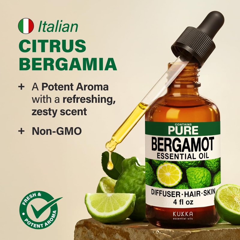 100% Pure Bergamot Oil - 4 Fl Oz Bergamot Essential Oil for Hair, Skin, Diffuser, Aromatherapy & DIY Soap Making Scent