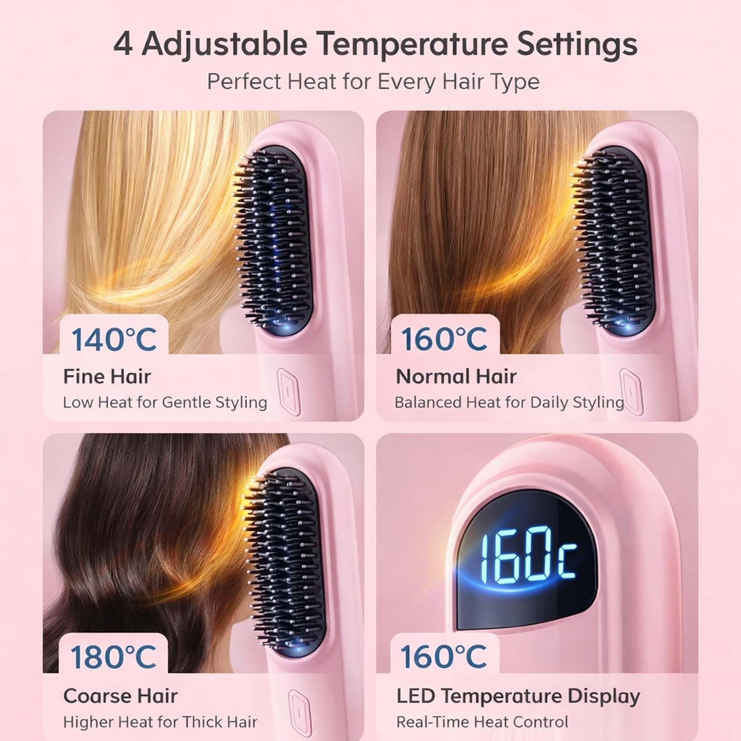 Smart Comb for Short Hair - Cordless Styling Brush with 30s Fast Heat & 4 Temperature Settings | USB Rechargeable (Pink)