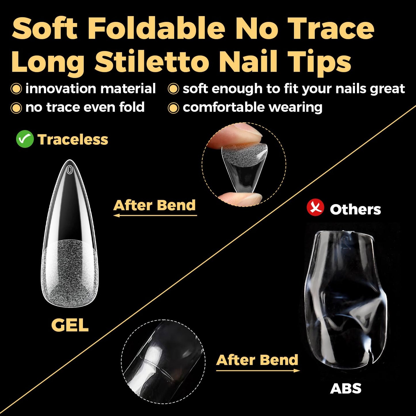 UNA GELLA Long Stiletto Gel Nail Tips 600Pcs Pre Etched Long Stiletto Almond Nail Tips Clear Fake Nails Press on Nails No C Curve for DIY Art Salon at Home 12 Sizes