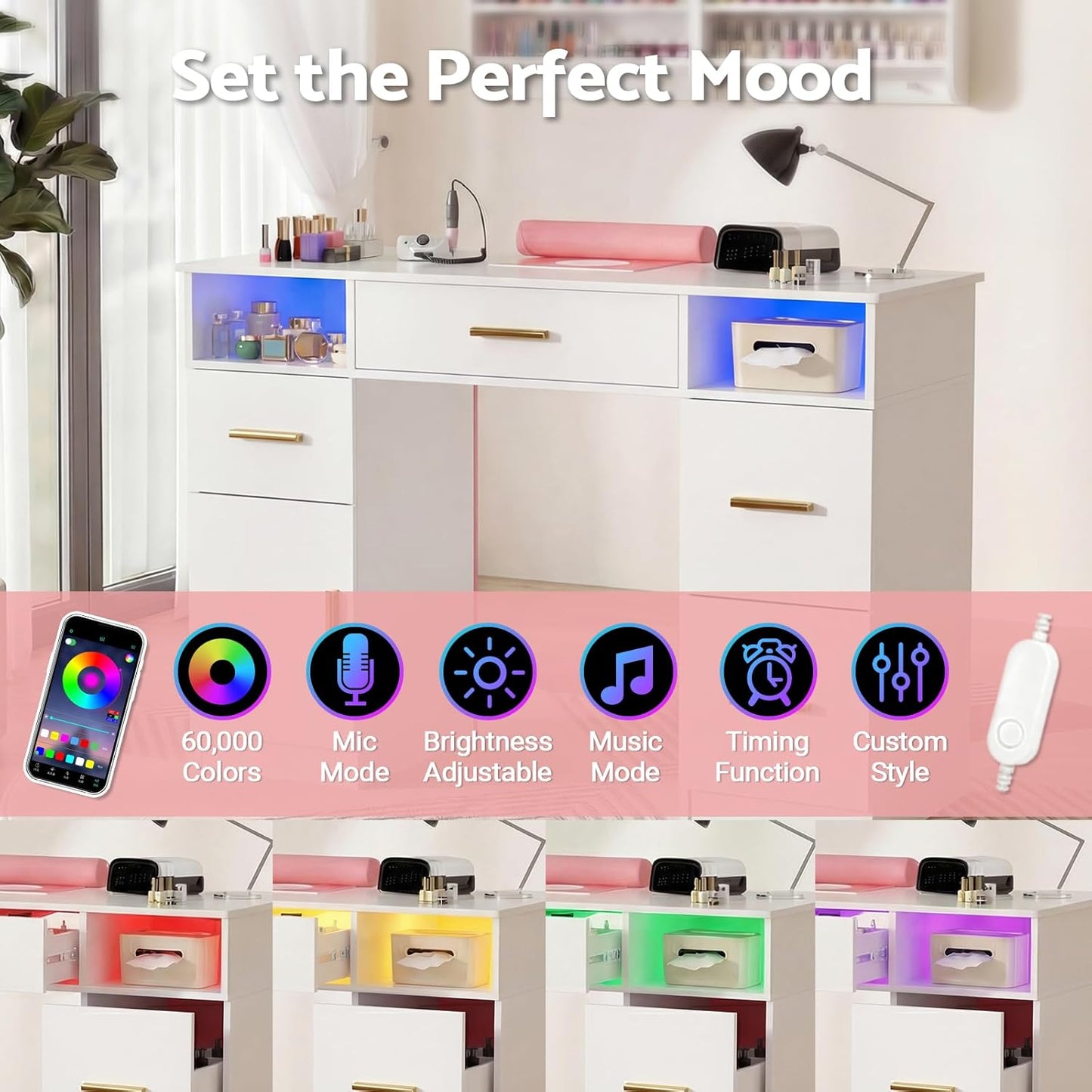 Nail Desk with Dust Collector & LED Lights - Professional Manicure Table for Salon or Home Studio | White with Pink Accents