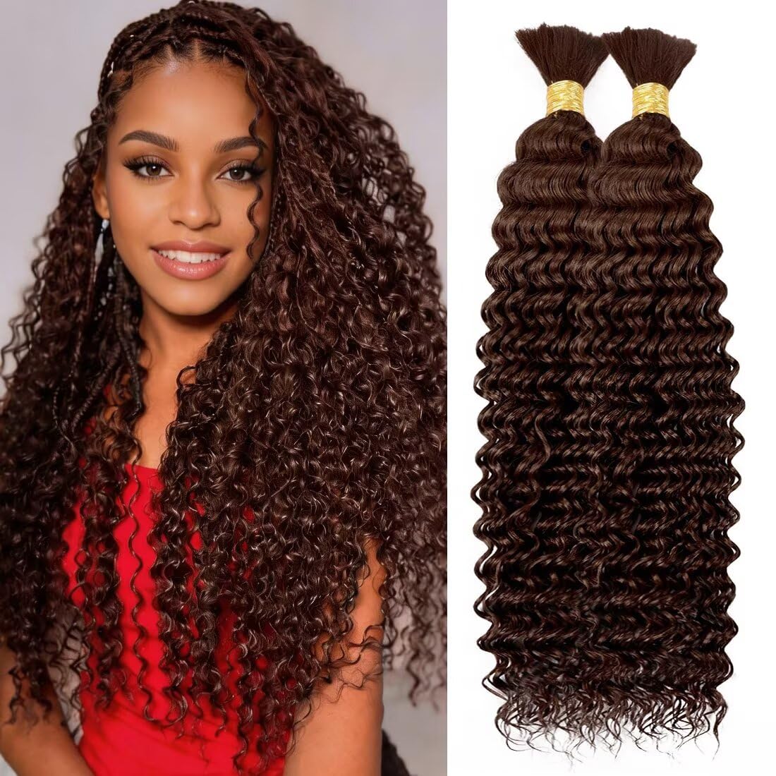 Boho Hair for Braiding, Curly Virgin Human Braiding Hair for Women, 12A Knotless Deep Wave Bulk Bohemian Styles, 100g 14 Inch 2 Bundles/Pack Chocolate Brown Color 4