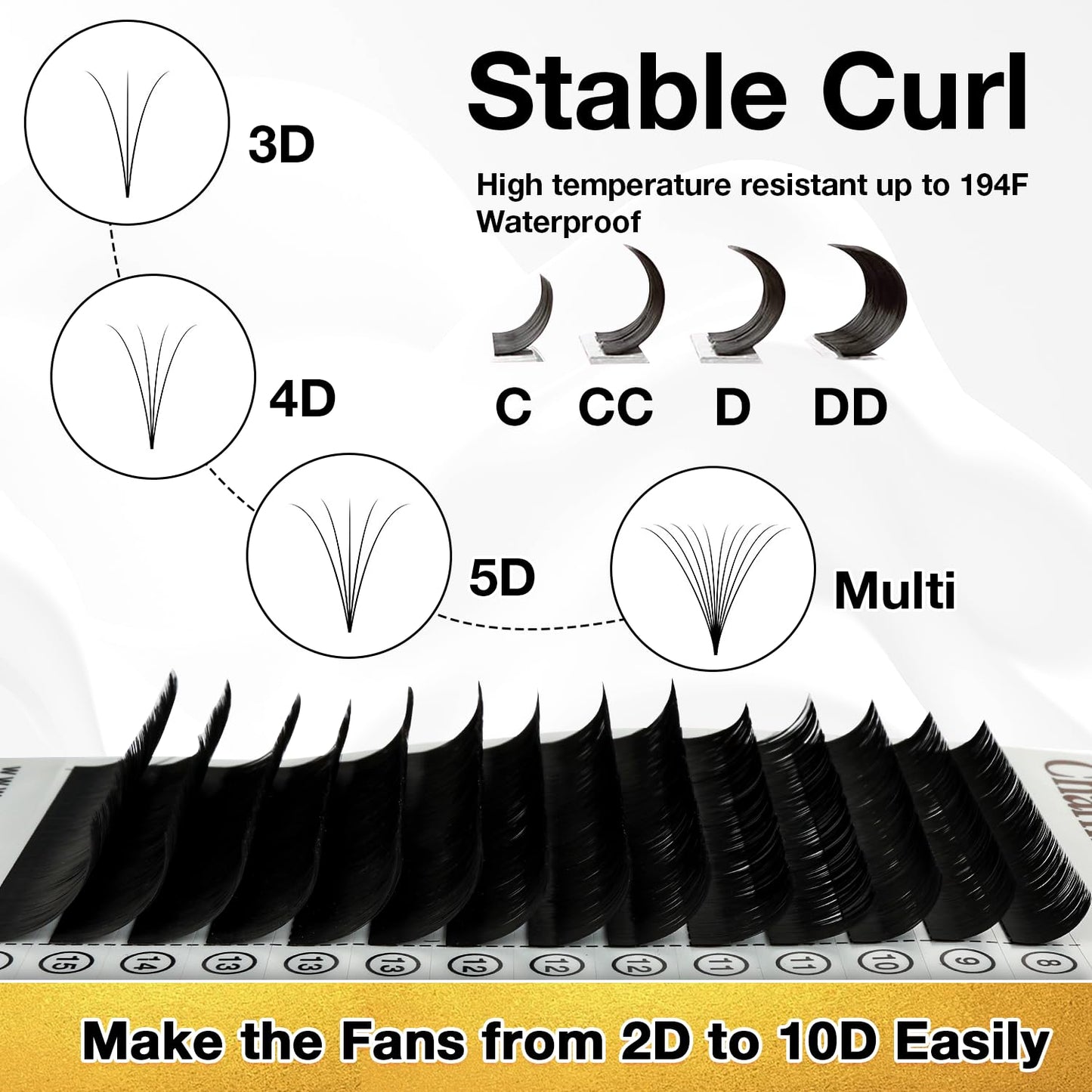 Cashmere Volume Lash Extensions - CC Curl 0.03mm Thickness | 8-16mm Mixed Length Trays, Super Matte Black Individual Eyelashes