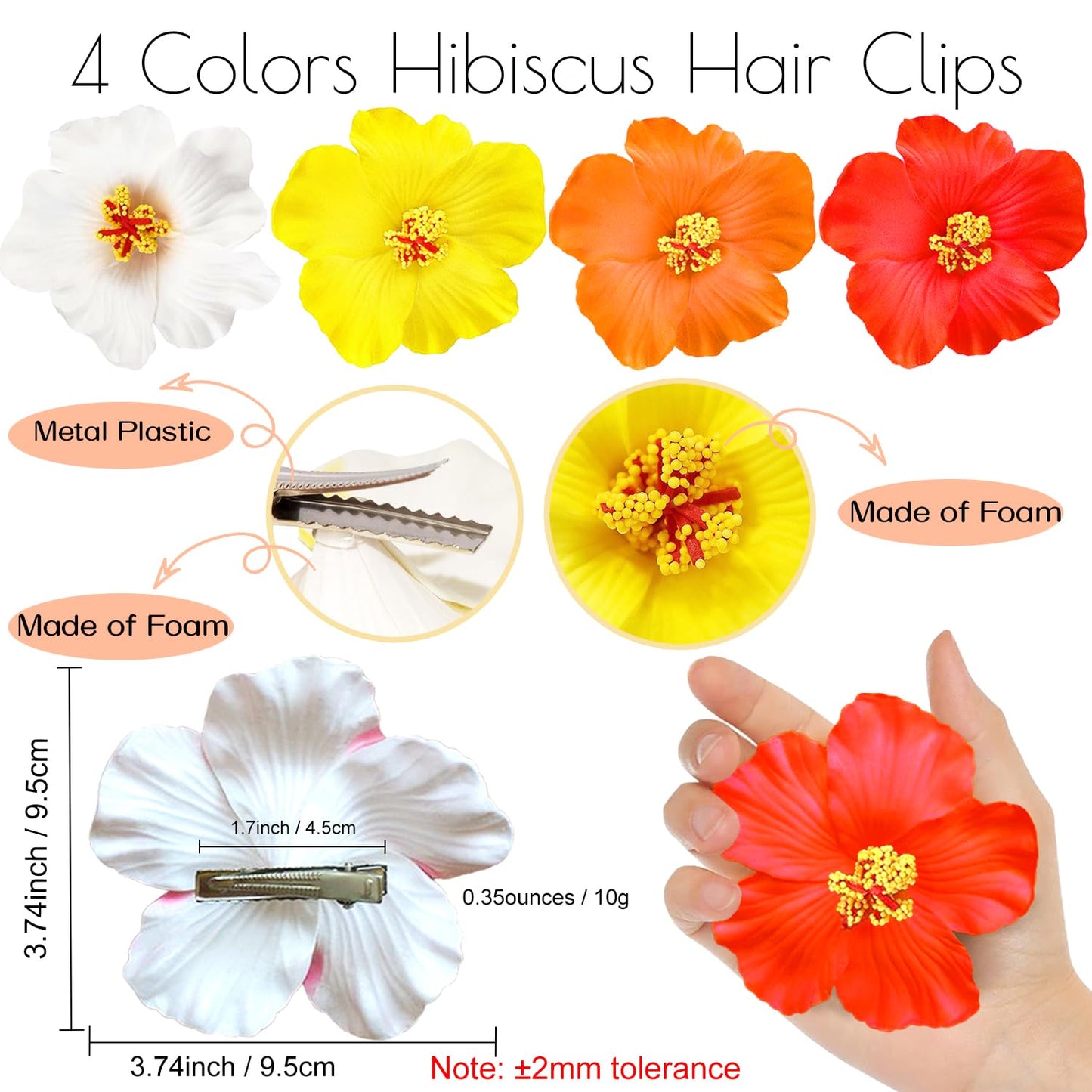 Hawaiian Flower Hair Clips - 4 Pcs Plumeria & Hibiscus Barrettes | 3.5 Inch Artificial Floral Accessories for Beach & Wedding
