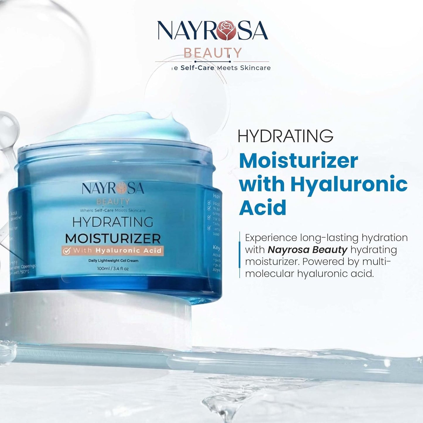 Hyaluronic Acid Gel Moisturizer Cream - 48 Hr Hydration & Vitamin E | Lightweight Water Cream for Normal/Dry Skin - 100ml