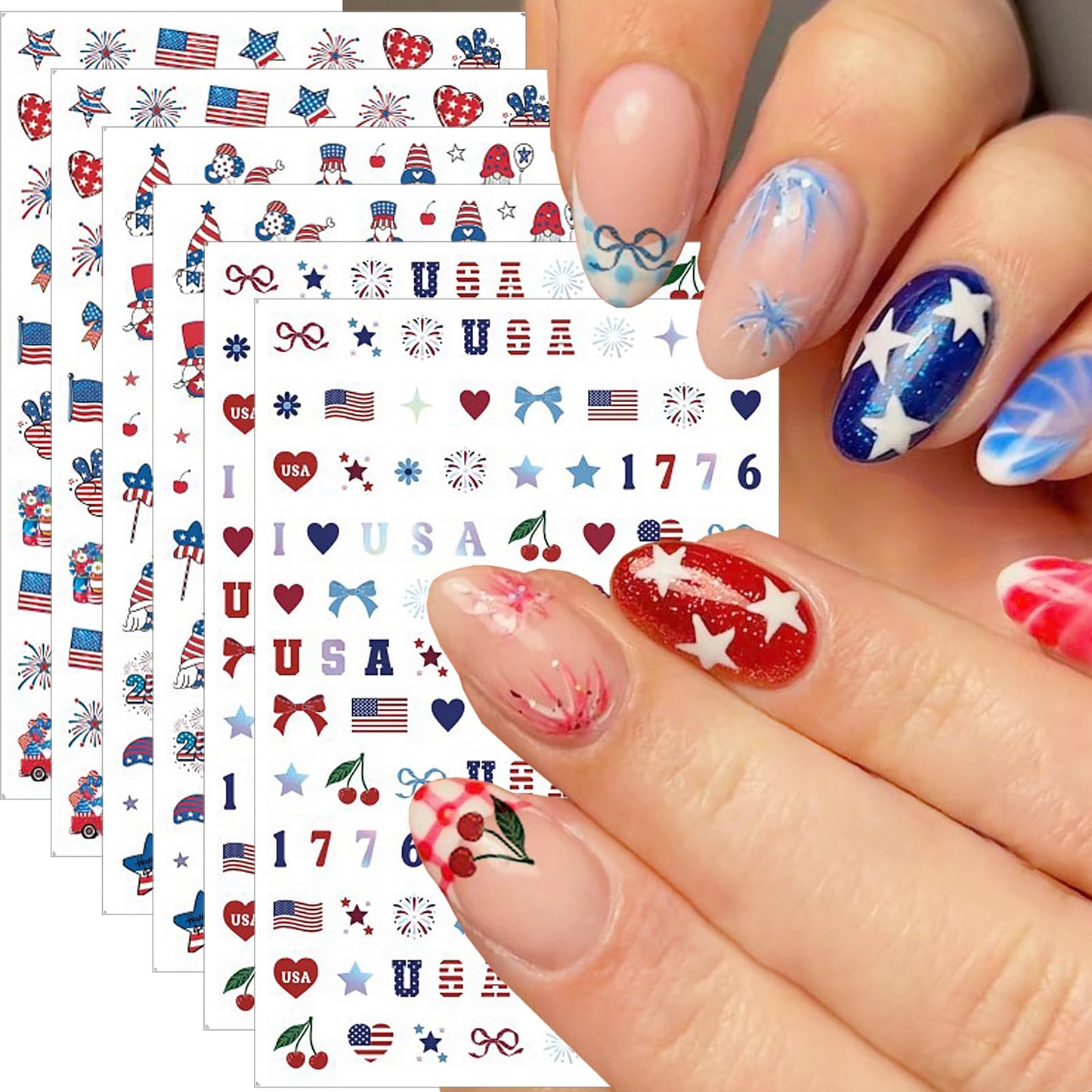 6Sheets 4th of July Nail Stickers 3D Self-Adhesive Independence Day Patriotic Nail Decals Red White Blue Star Heart USA Flag Nail Art Stickers for Women Fourth of July Nail Art Design Party Decoration