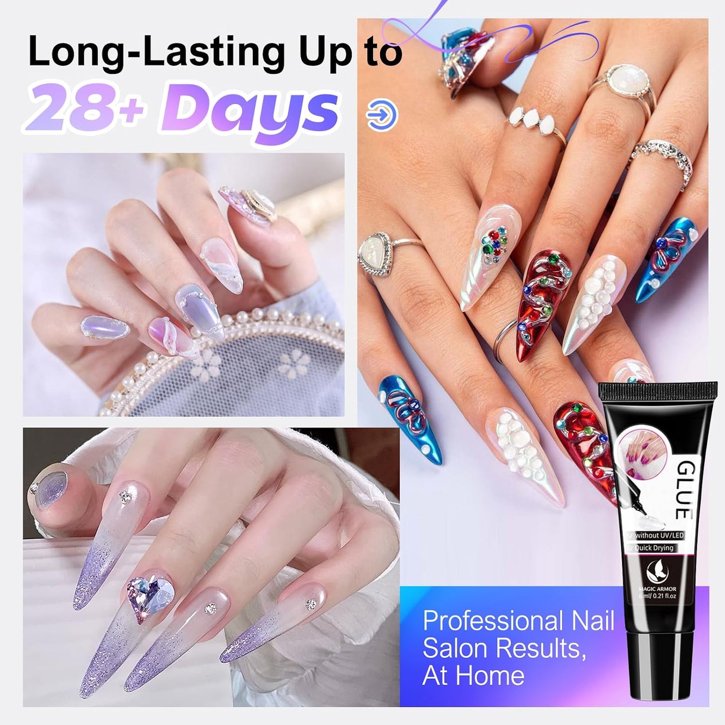Nail Glue for Press-On Nails - Quick Drying Semi-Solid Gel with Remover & Tool | 4 x 6g Tubes