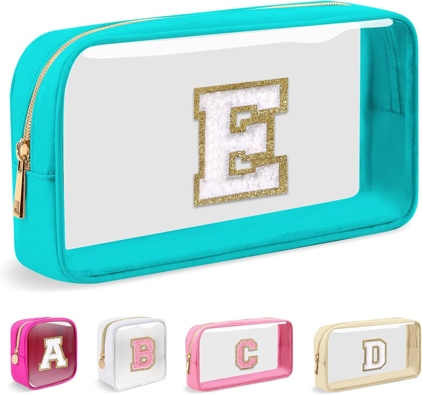 Personalized Initial Makeup Bag - Waterproof Nylon Cosmetic Pouch | A-Z Chenille Letter Patch, White-Pink G