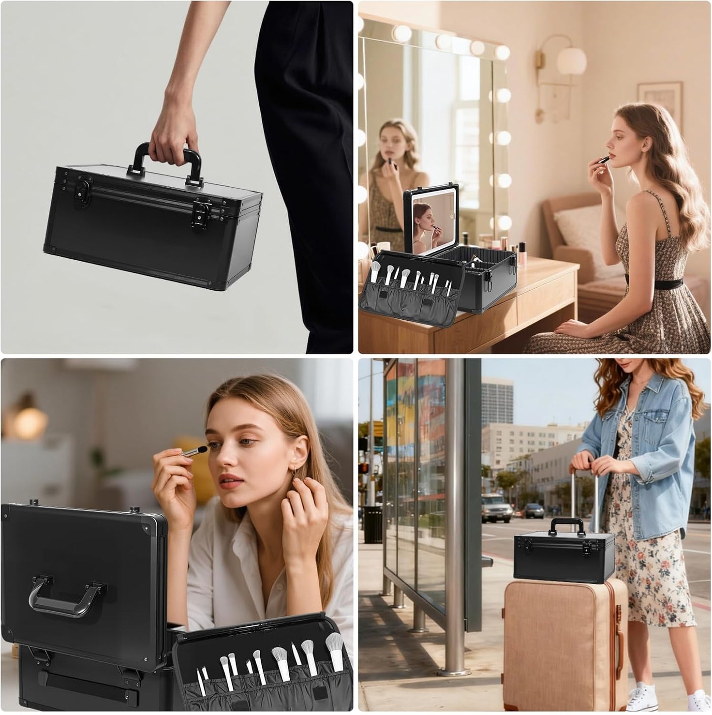 Makeup Case with Lighted Mirror - Extra Large 15-Inch Portable Cosmetic Organizer | Adjustable Dividers, Magnetic LED, Black
