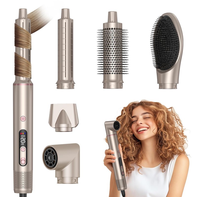 Nawedaa 6-in-1 Pro Ionic Hair Dryer with Constant Temperature & LCD Display | High-Speed Auto Wrap Hair Styler for Fast Salon Drying & Styling | Hot Air Brush for More Volume, Less Frizzc & Damage