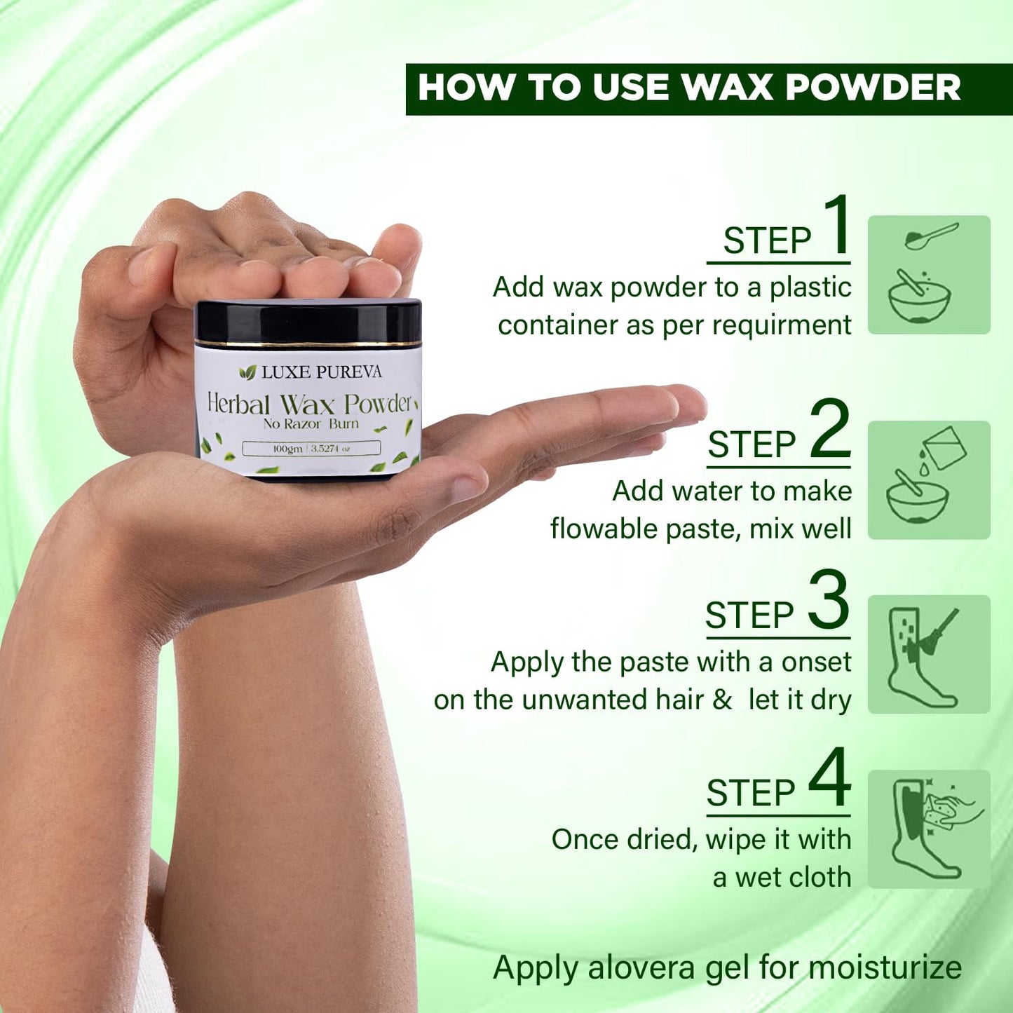 LuxePureva Herbal Hair Removal Kit (Herbal Wax Powder-3.52oz with Applicator Brush and Aloe Vera Gel 50ml)