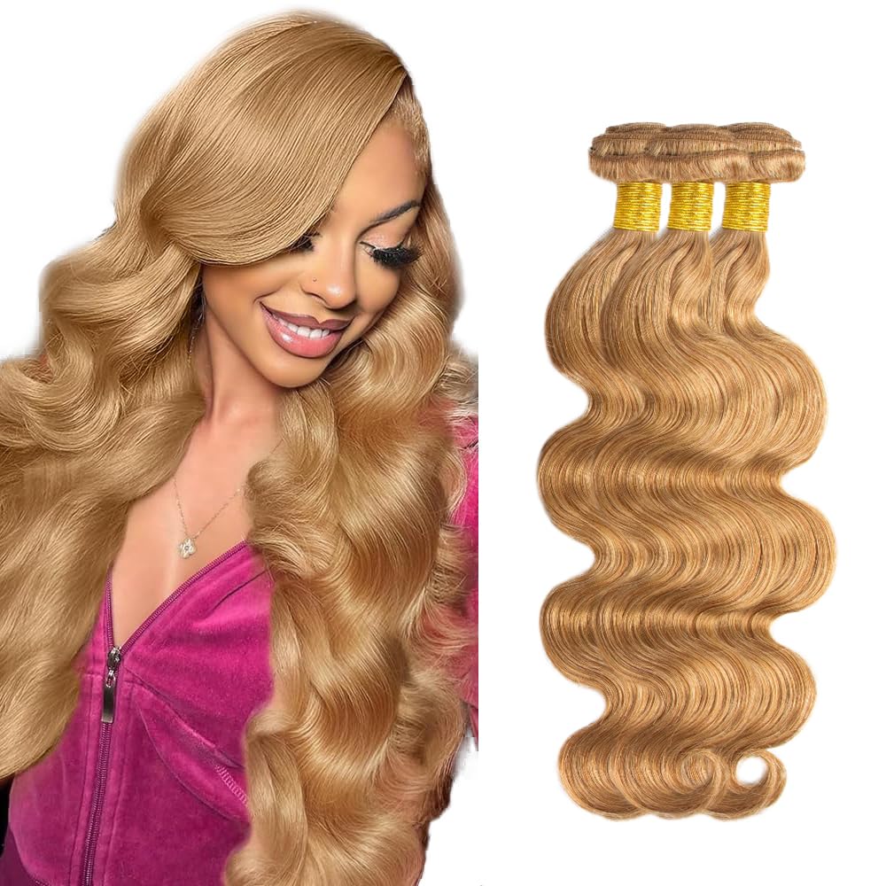 24 26 28 Inch #27 Blonde Bundles Human Hair Body Wave 3 Bundles 100 Grams/Bundle 10A Grade Unprocessed Brazilian Virgin Hairs Honey Blonde Bundle Weaves Hair Extensions For Women
