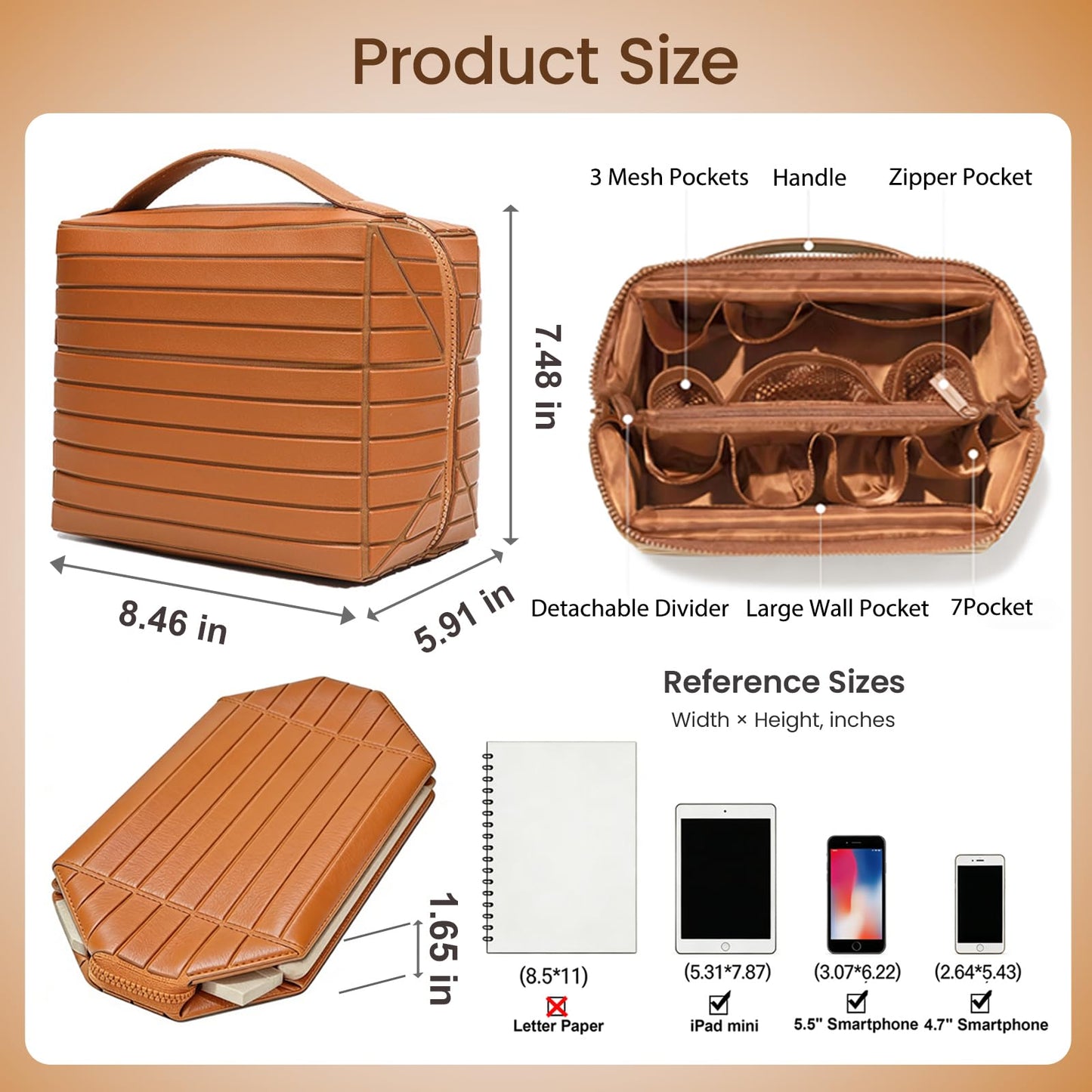 Fold Down Standing Makeup Bag – Large Travel Toiletry Organizer (Brown)