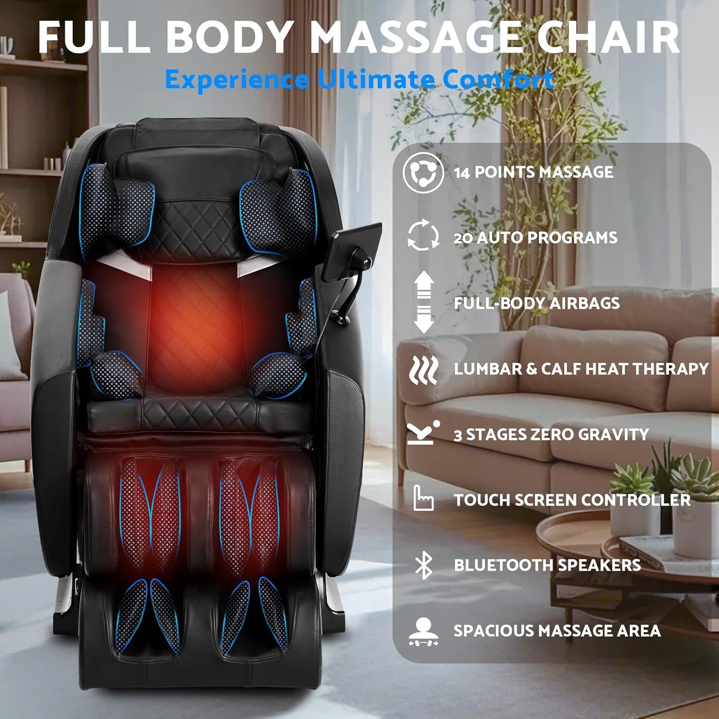 Zero Gravity Full Body Massage Chair - Shiatsu Recliner with 14 Massage Points, Heating & Bluetooth | Spacious Design