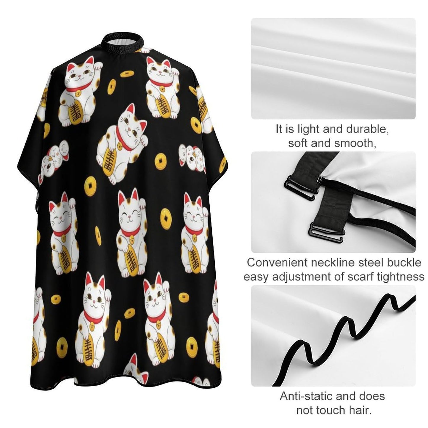 Women's Professional Hair Cutting Cape with Adjustable, Japanese Lucky Cat Kitten Cats Black Closure Barber Cape