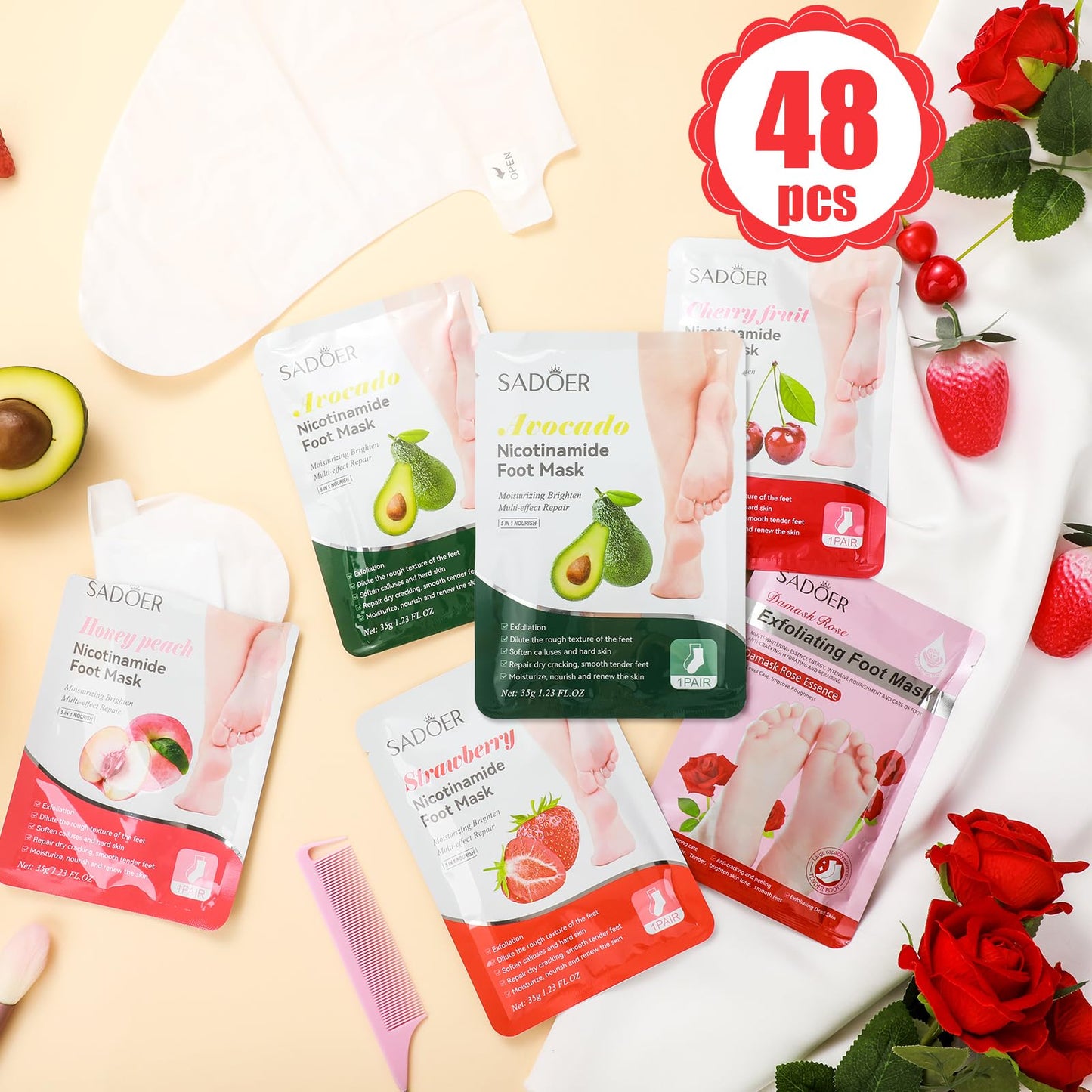 Swiffen 48 Pcs Fruits Foot Mask Bulk Hydrating Moisturizing Socks Feet Peeling Mask for Dry Cracked Aloe Foot Care for Spa Day Kit Beauty Relaxation Gift for Women