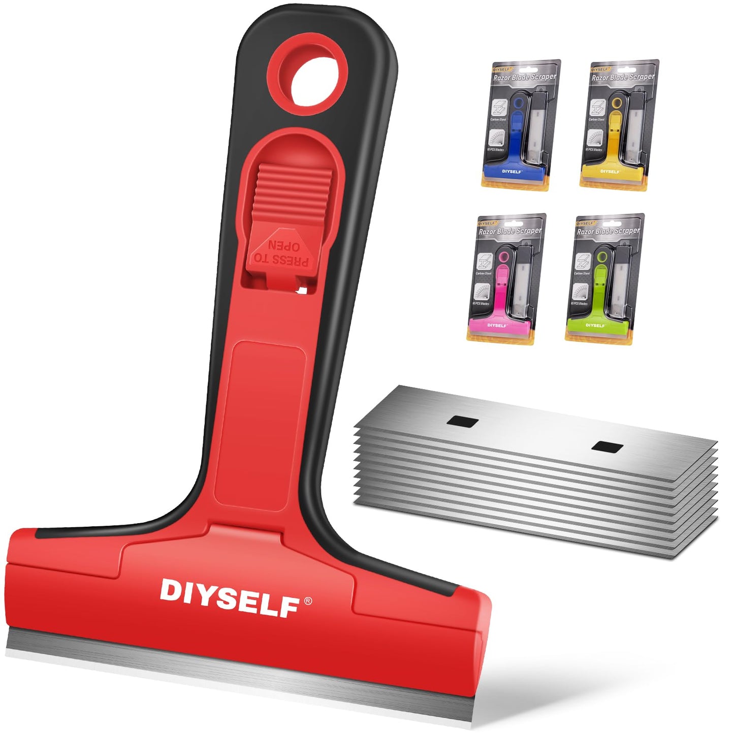 DIYSELF Razor Blade Scraper, 1 Pack Scraper Tool with 10pcs 4-Inch Blades, Razor Scraper for Cleaning Glass, Window, Stove Top, Oven, Kitchen, Cooktop, Shower Door, Sticky Residue, Tile, Wallpaper