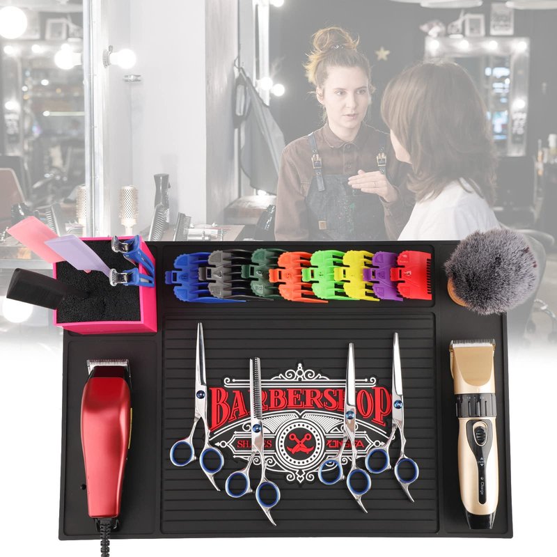 Black Barber Station Mat, Segbeauty 17.7×11.8 inch Barber Tool Mat, Flexible PVC Nonslip Material for Salon Styling Station Work Station Salon Tools Barber Shop Demand