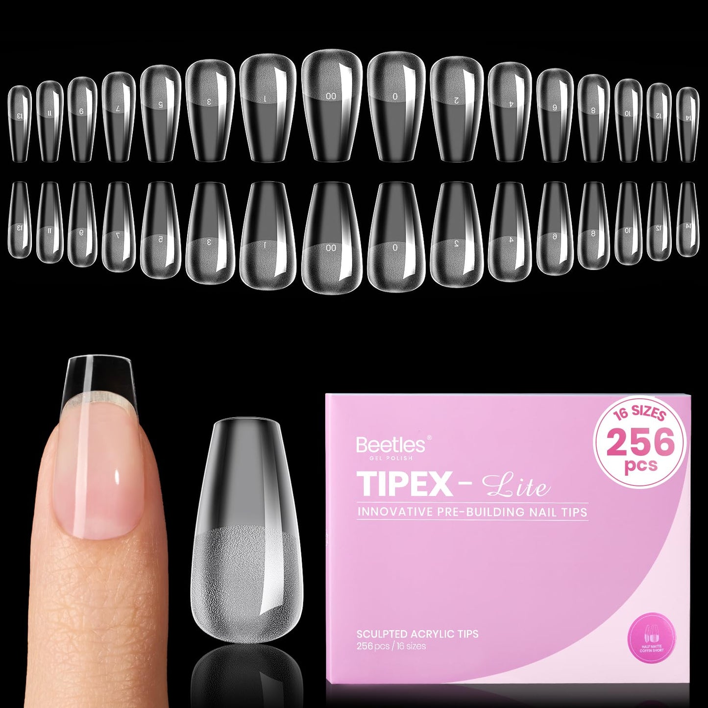 Beetles Tipex Lite Instant Apex Nail Tips, Short Coffin, No Builder Gel Needed, 256pcs Value Pack, 16 Sizes 00-14 for DIY Salon-look Extensions