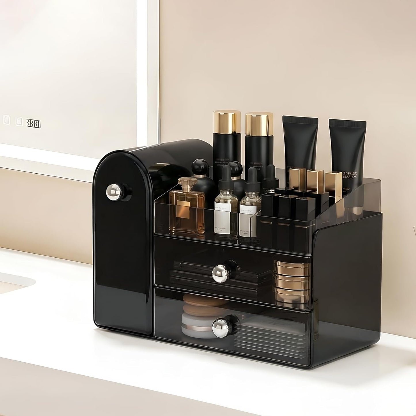 Makeup Organizer - Large Dustproof Vanity Storage with 2 Clear Drawers | Black Skincare & Cosmetics Holder