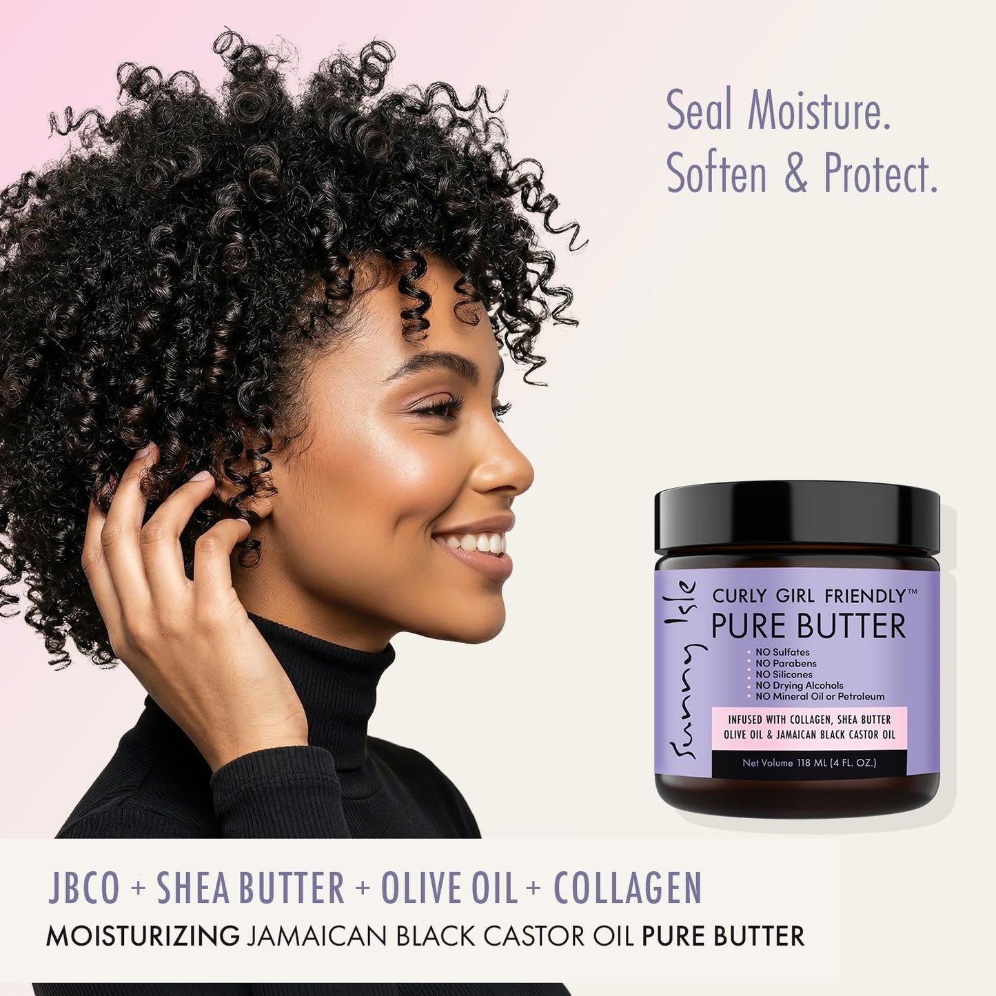 Sunny Isle Curly Girl Friendly Hair Butter for Dry Hair & Scalp, Moisturizing Hair & Skin, Jamaican Black Castor Oil & Shea Butter, Olive Oil, Seals Moisture for Curly, Coily & Natural Hair, 4oz