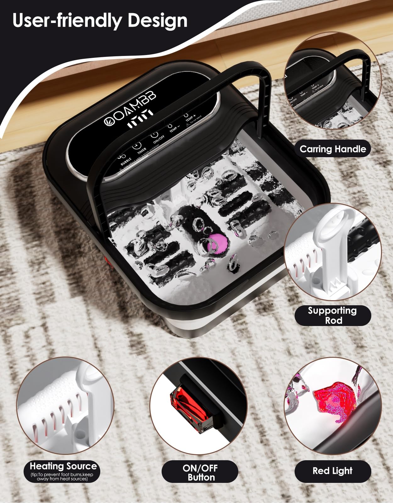 OOAMBB Collapsible Foot Spa with Heat, Bubble and Temp Control, Remote, Foot Bath Massager with XL Touch Screen and Massage Rollers, Foot Soaking Tub, Pedicure Foot spa for Stress Relief (Black)