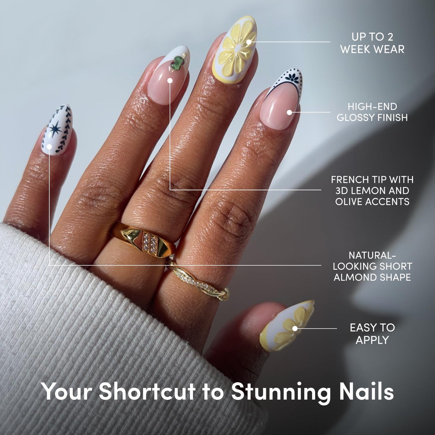 Glamnetic Short Almond Press-On Nails Bundle - Polka Dot French Tips & Ladybugs | Brown & Yellow Mismatched Design