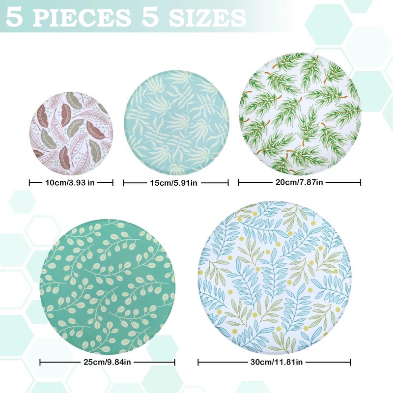 Revahope 5-Size Reusable Beeswax Bowl Covers for Bread Proofing, Cotton Cloth Flexible Beeswax Wraps for Food Storage(Green Leaves)