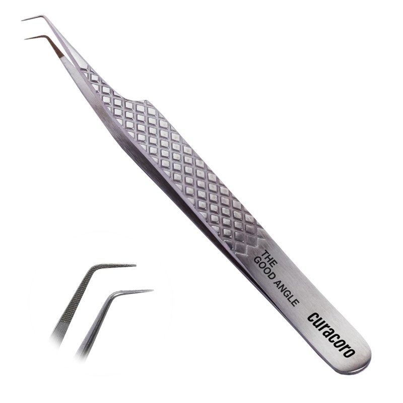 Curacoro Lash Tweezer - Professional & Precision Fiber Tip Grip Lash Tweezers for Eyelash Extensions, Multi Shapes & Purposes Tweezers for Volume, Isolation & Classic Lashes (Silver, The Good Angle)