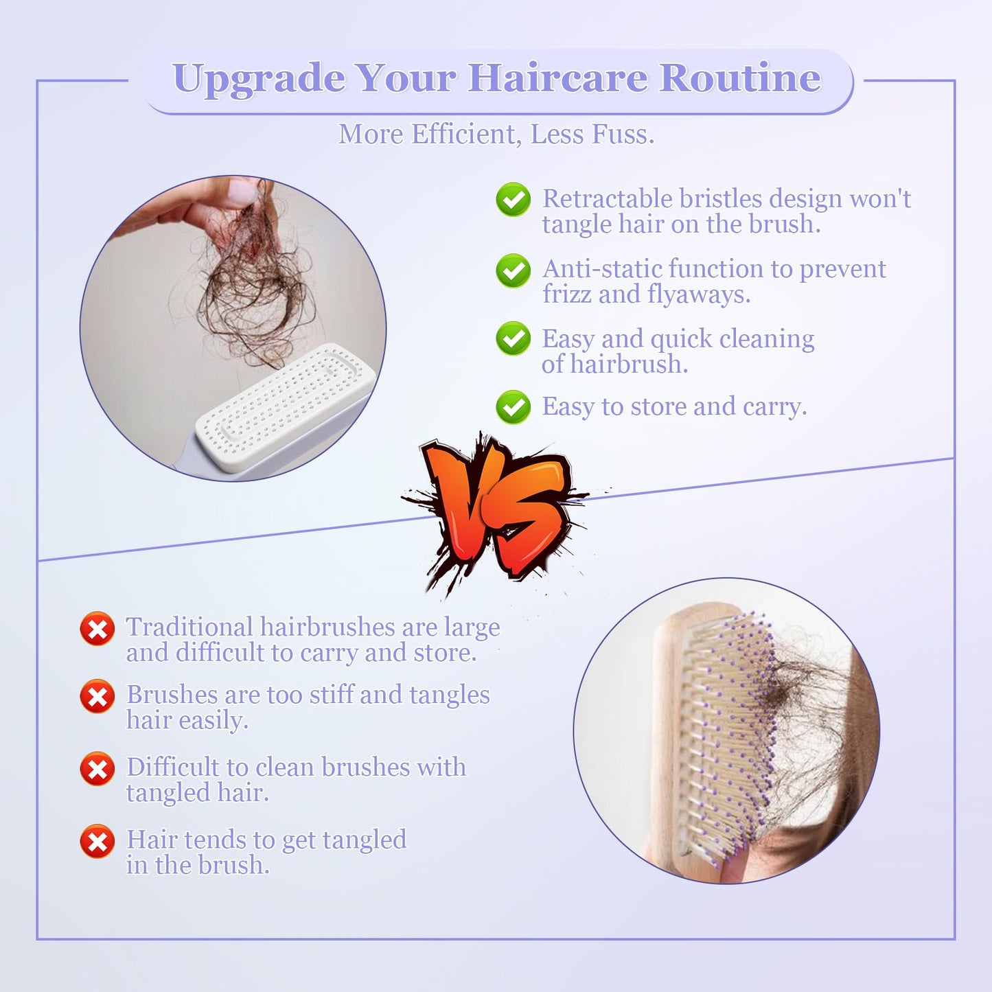 Self Cleaning Hair Brush, Anti Static Brush for Easy Hair Removal, Retractable Hair Brush with Firm Bristles, Scalp Massage Comb for Daily Detangling, Women Men