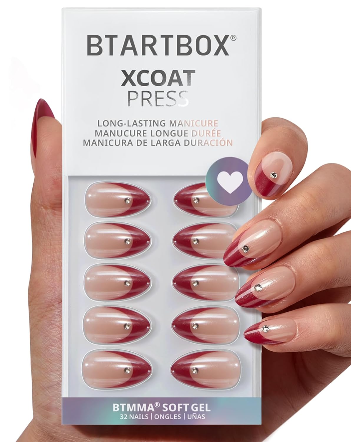 Short Almond Press On Nails - Aurora French Tip, 32 Piece Glue-On Nail Kit | Natural Look, 16 Sizes Available