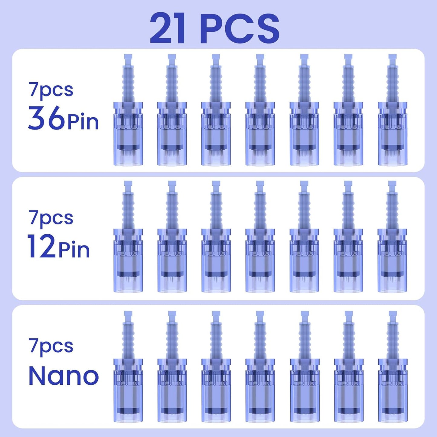 Microneedling Pen Cartridges - 21 Pcs Replacement Tips for Dr Pen A6 | 0.25mm, 7x36 Pin, 7x12 Pin, 7x Round Nano