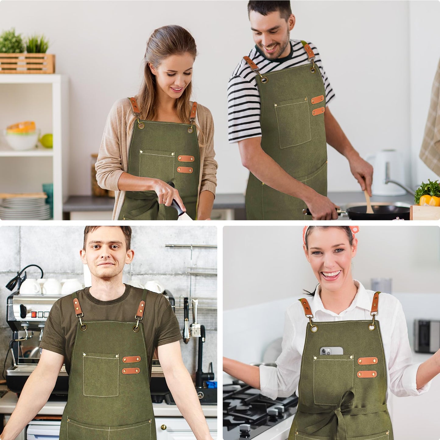 OUNLEN Chef Apron for Men Women Canvas Aprons with 3 Pockets Cross Back Resistant Work Apron for Cooking Grilling Baking BBQ Barber Kitchen (Army green)