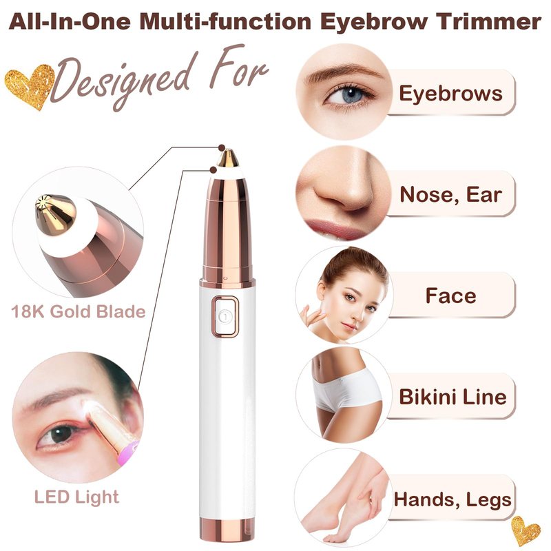 Eyebrow Trimmer for Women - Electric Eye Brow Razor with LED Light Painless & Easy Clean for Eyebrows Face Nose Ear Hair Chin Lips Peach Fuzz Bikini Lines & Other Detailing - Battery Operated (White)