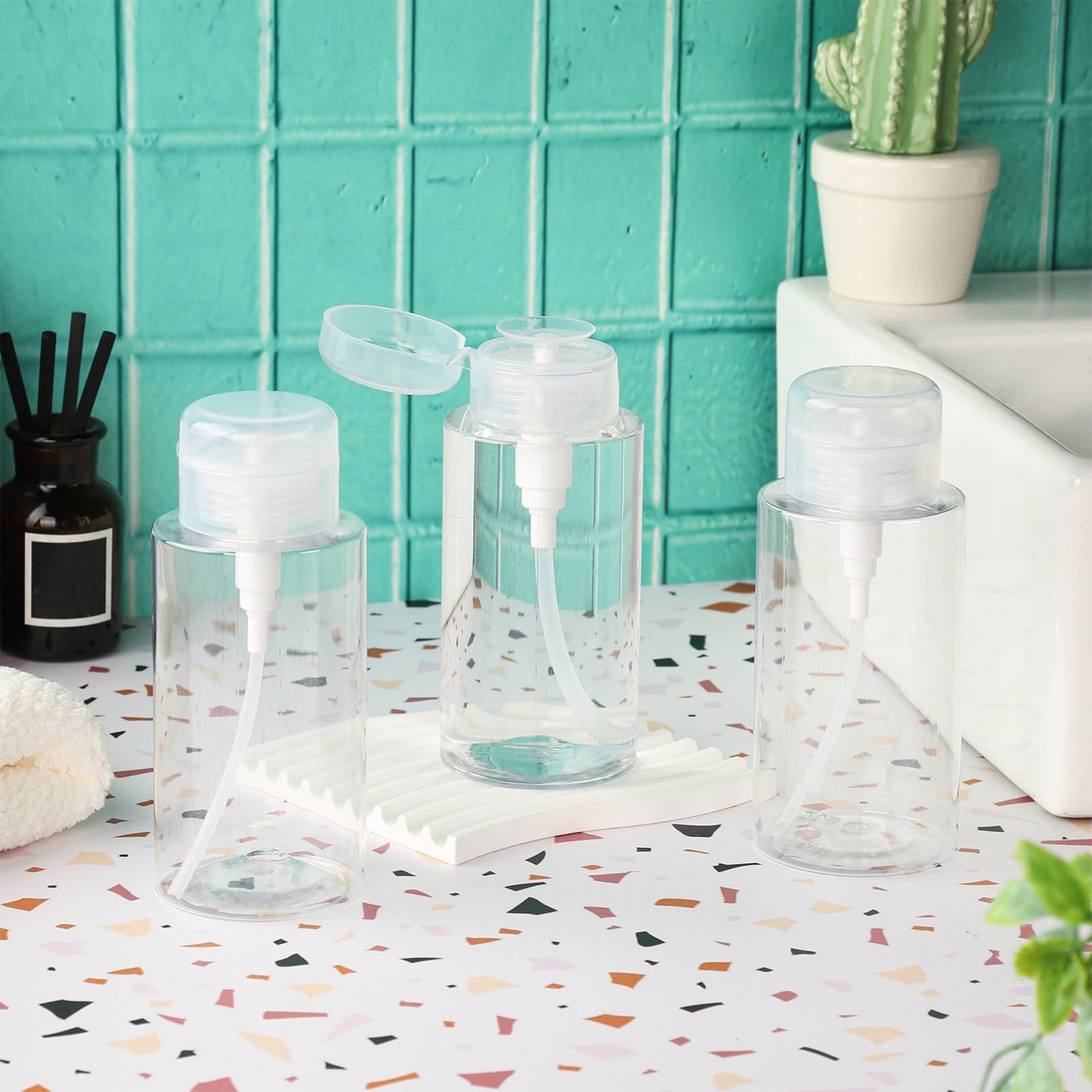 RAMFIYN 10oz Acetone Pump Dispenser 3 Pack Plastic Alcohol Push Down Dispenser with Labels Refillable Alcohol Pump Dispenser Bottle Empty Nail Polish Remover Bottle