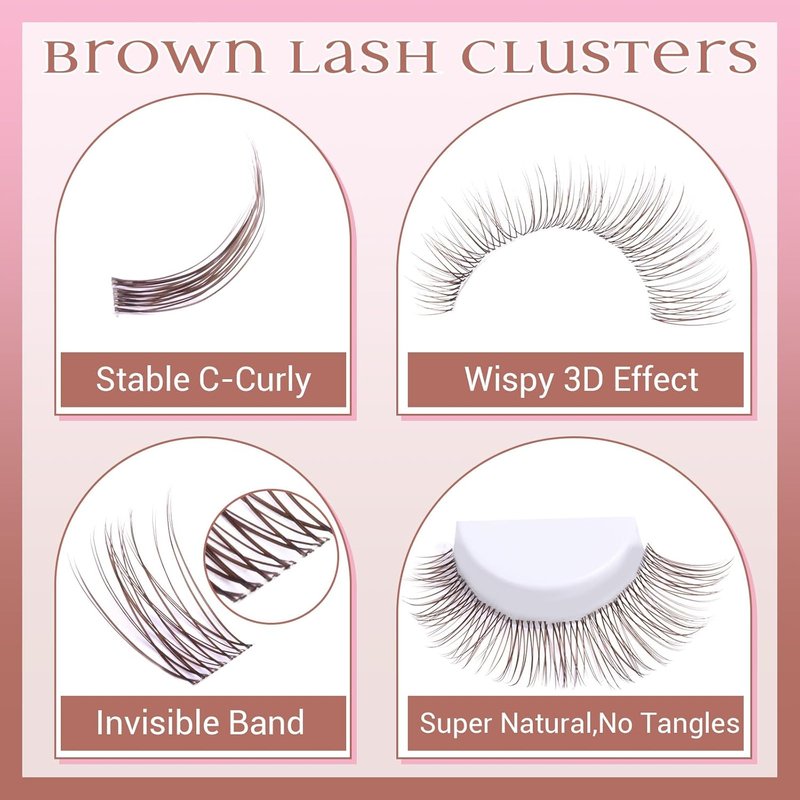 Brown Lash Clusters - Natural Eyelash Extensions with Invisible Band | C Curly Dark Brown Wispy DIY Individual Lashes
