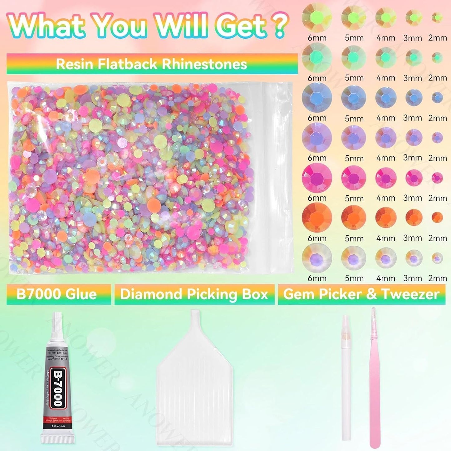 Mixed Light Color Resin Flatback Rhinestones - 16,000 Pcs for Crafting & DIY Projects | 2-6mm Gems for Makeup & Tumblers