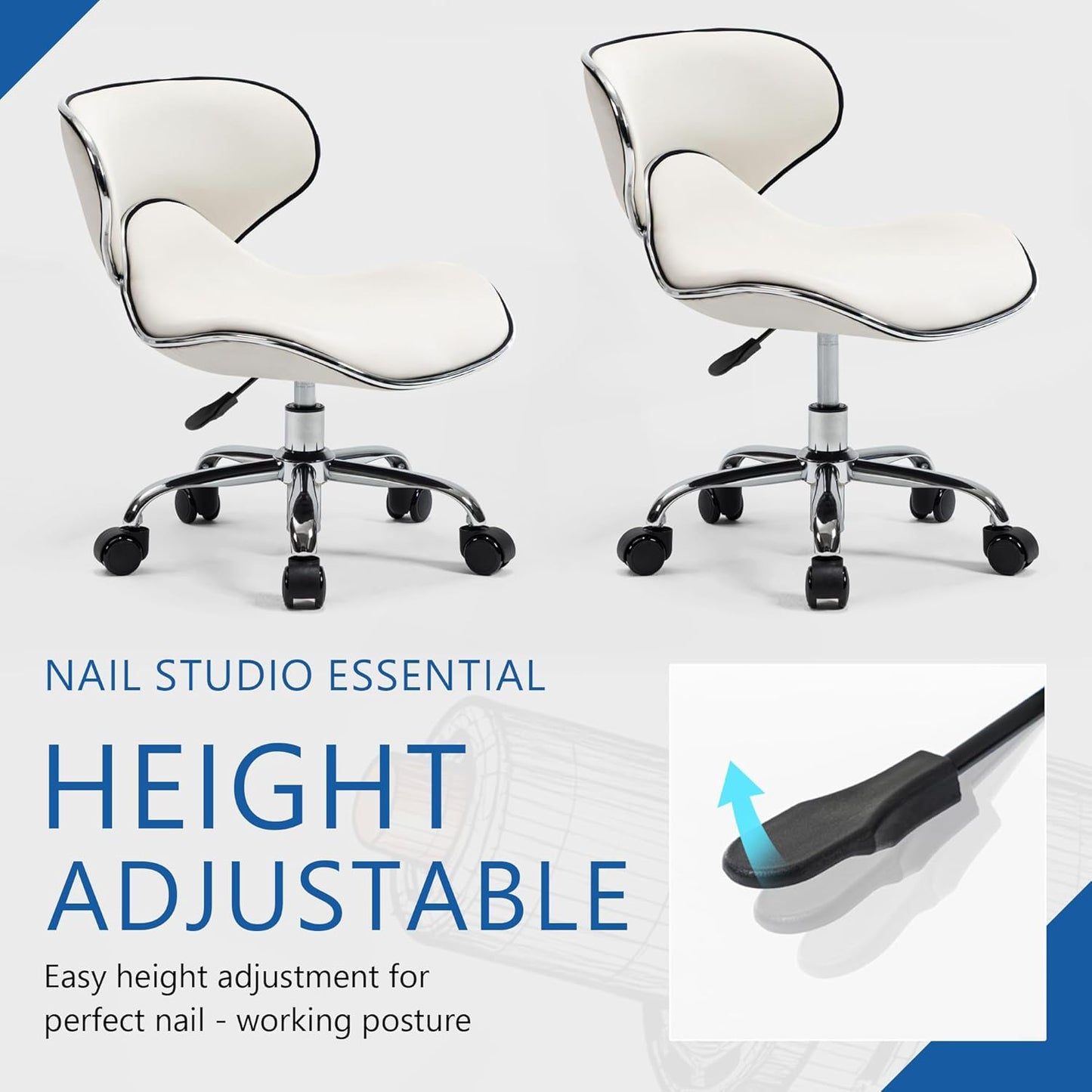 White Pedicure Chair - Swivel & Adjustable Nail Tech Stool for Salon Professionals | Low Back Design, Creamy White
