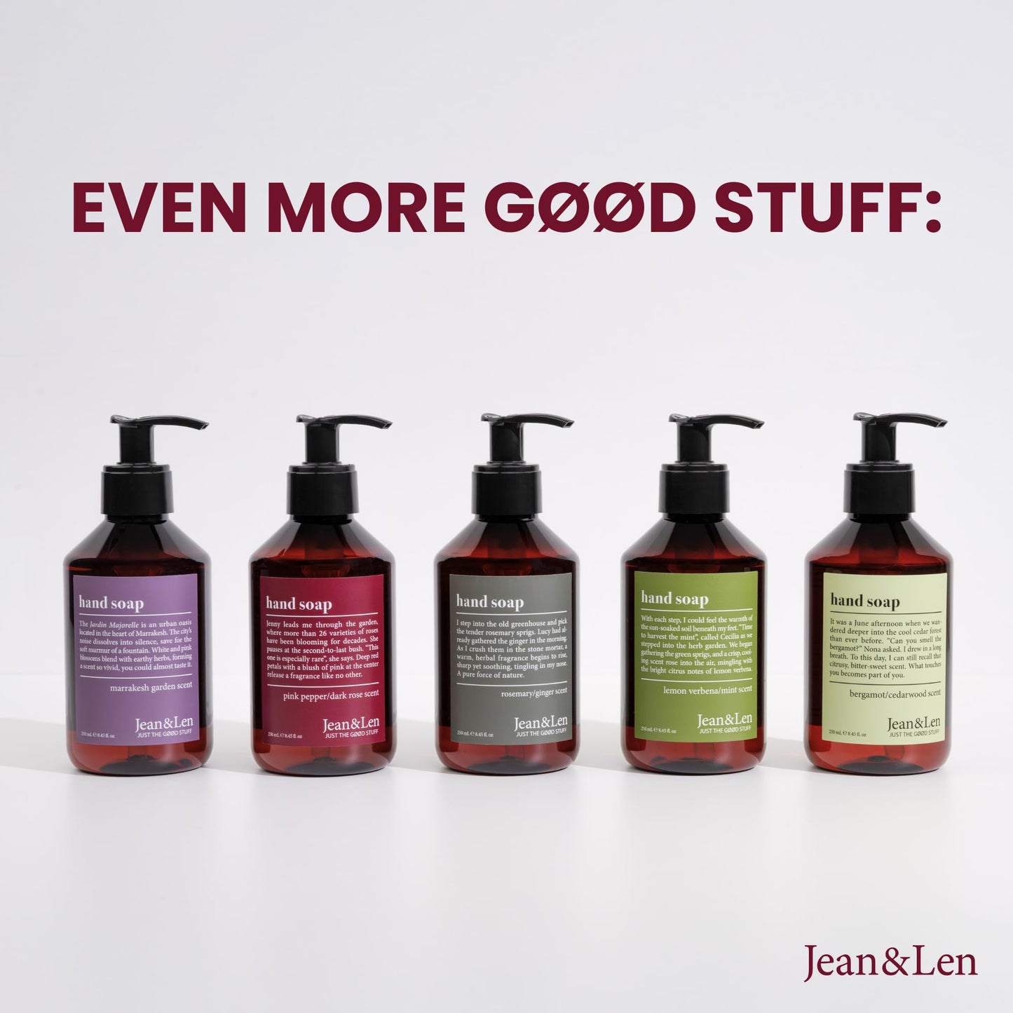 Jean & Len Hand Soap Pink Pepper & Dark Rose, gently cleanses stressed hands, suitable for daily use, liquid soap in pump dispenser, sensual fragrance, vegan, 8.45 Fl. Oz.