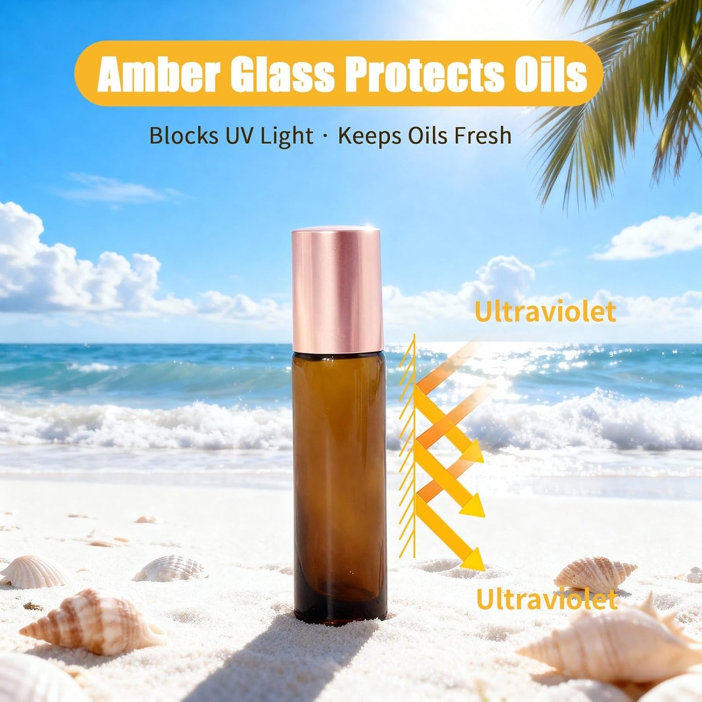 Rose Quartz Roller Bottles - 8 Pack 10ml Refillable Amber Glass Roll-On Bottles | Leak-Proof Travel Perfume with Crystal Roller Balls