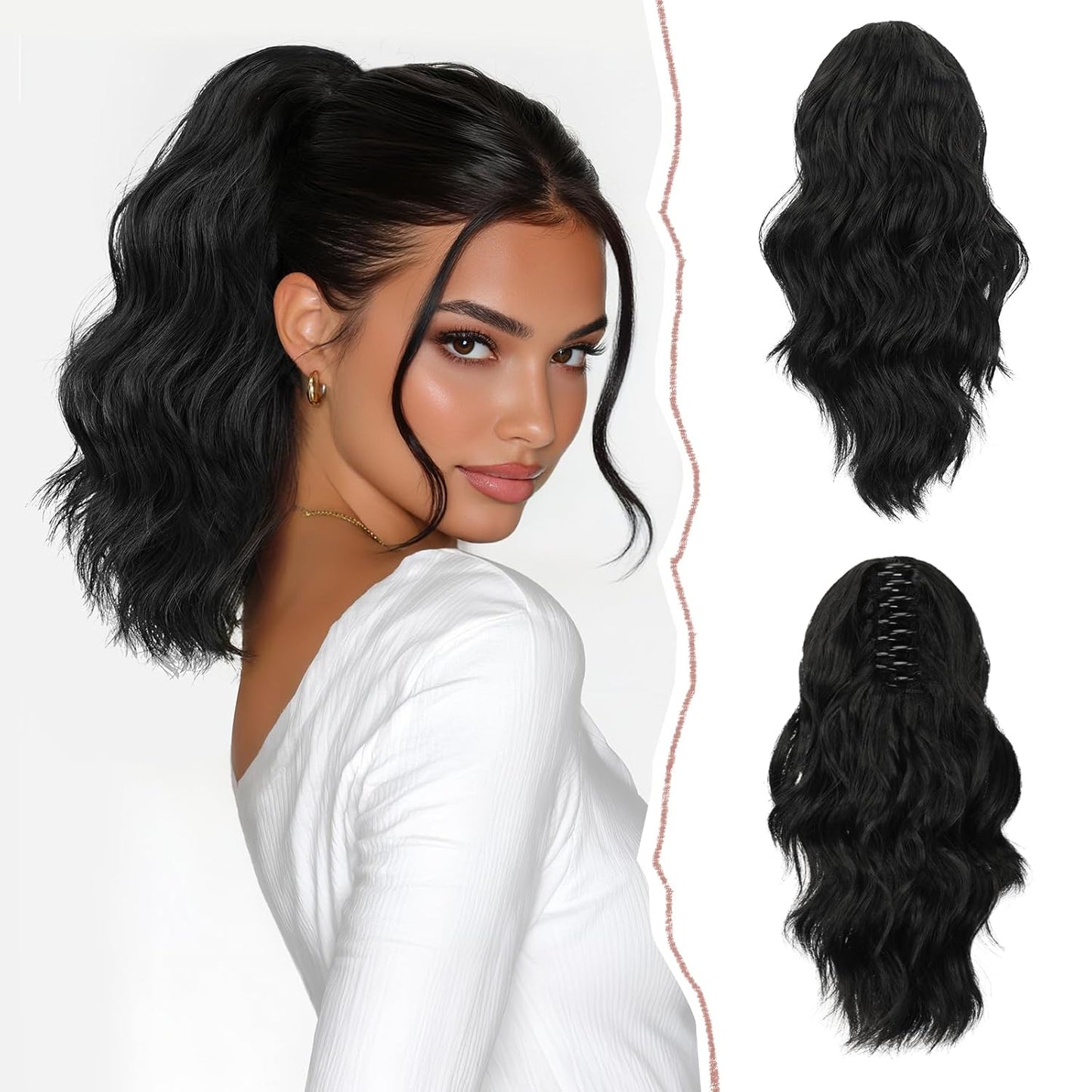 Ponytail Extension - Short Wavy Claw Clip-In Synthetic Hairpiece | Black Layered Curly Drawstring for Women