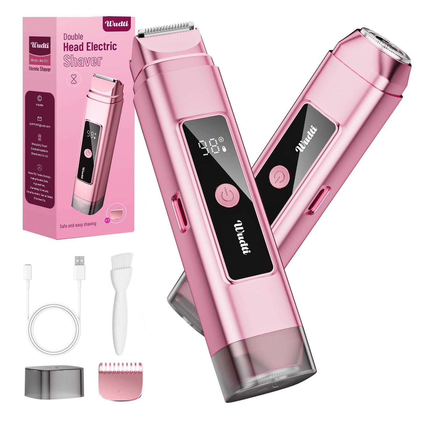 Dual Head Electric Bikini Trimmer for Women: IPX7 Waterproof Lady Shaver with LED Display - Rechargeable Pubic & Body Hair Razor - Rococo Pink