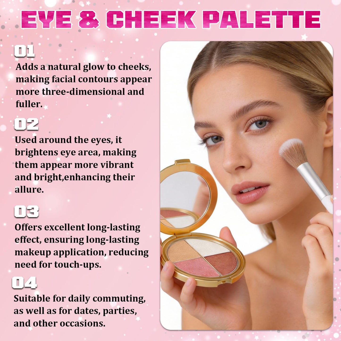 Eye & Cheek Palette with 1 Pcs Blush Brush, Multifunctional Blush Palette, Eyeshadow and Highlighter Makeup, 4-In-1 Natural Glow Contour Powder for Women