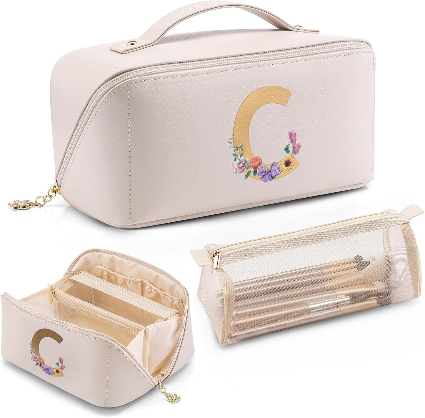 VLANDO Makeup Bag - Travel Toiletry & Cosmetic Bag for Women | PU Leather, Portable Design - Toffee