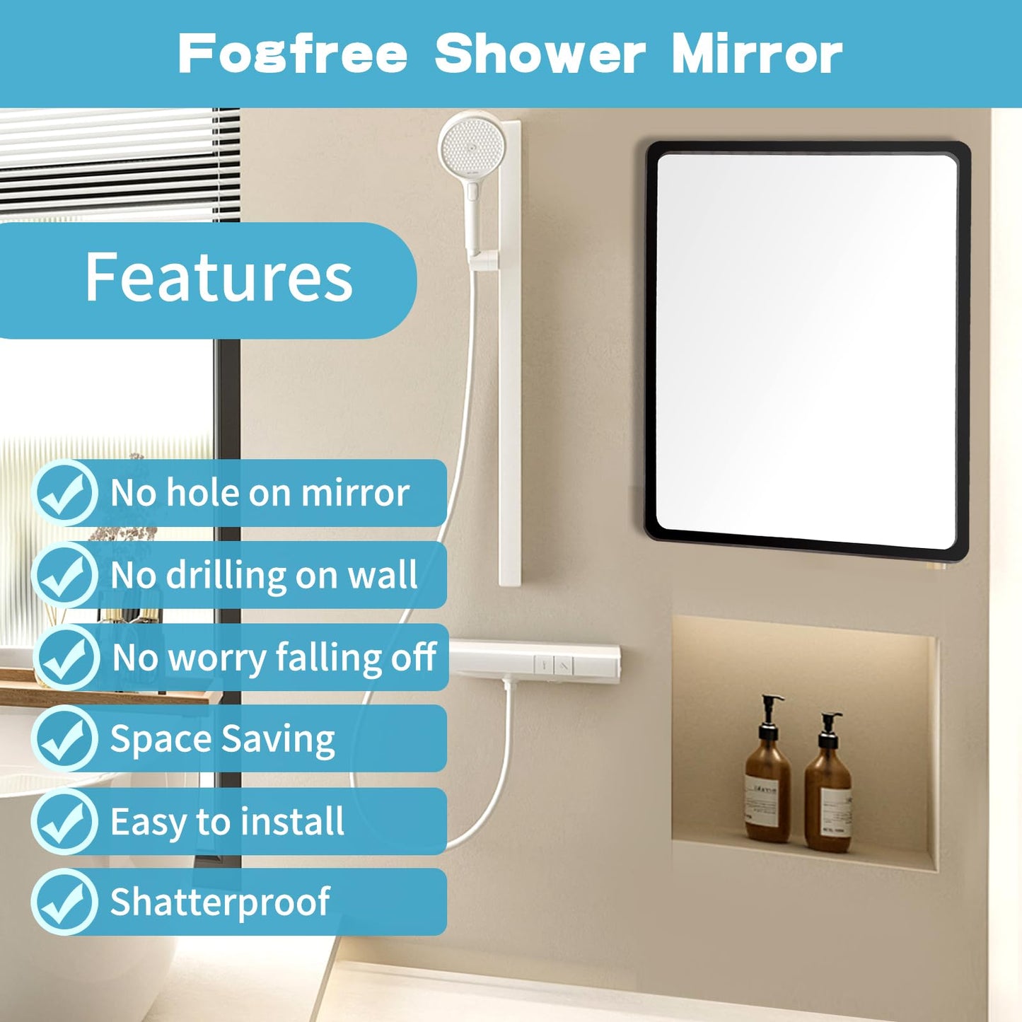 YoHumk Fog Free Shower Mirror (9 * 7 inch) 3M Adhesive Anti-Fog Bathroom Wall Mirror, Fogless Shower Makeup Mirror for Shaving, Shatterproof Glassless Child Safe Mirror (Rectangular Black Frame)